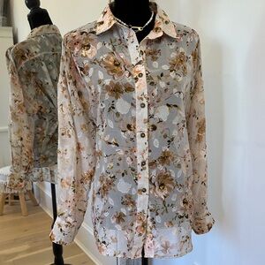 Daytrip Floral Sheer Button Blouse in Cream, Brown, Shades of Pink, White, Green